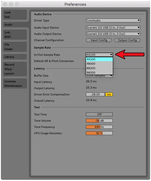 changing sample rate in dirac live